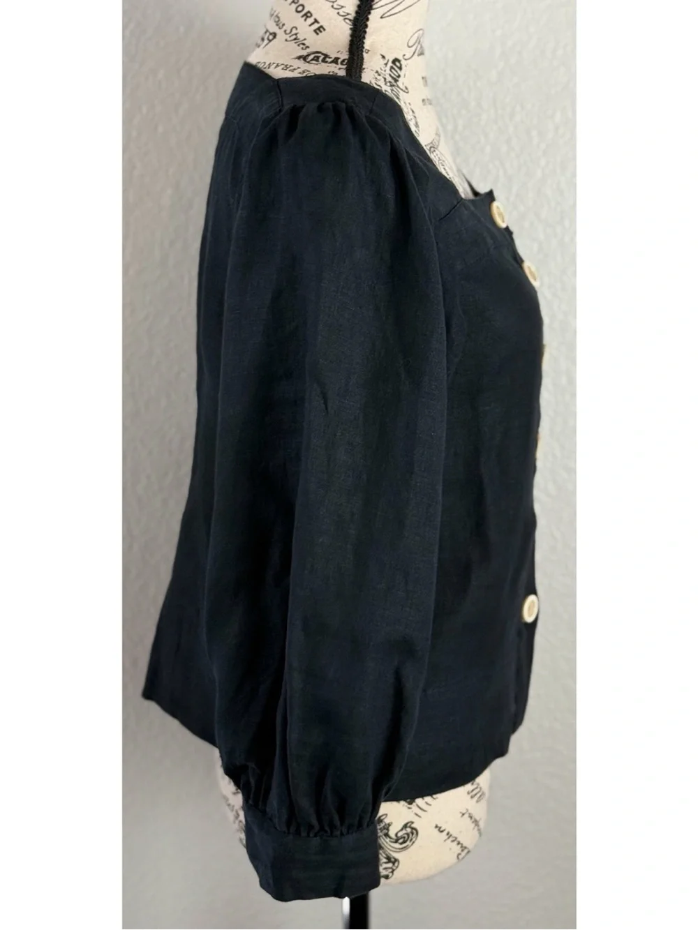 J.Crew Women’s Black 100% Linen Square Neck Puff Sleeve Button Up Blouse size XS